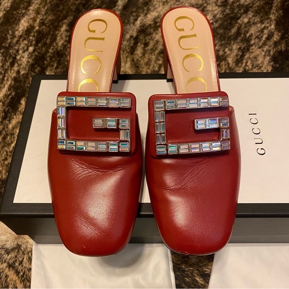 👠Gucci Madelyn Red Leather Crystal-G 55mm Low-Heel Mules👠 - Picture 2 of 4